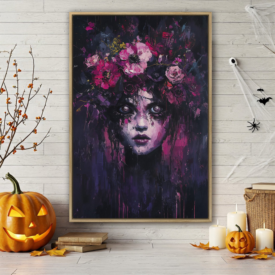Framed Wall Art: Spooky portrait with a floral crown, dark and moody style, featuring a purple and pink color palette, perfect for Halloween decor.