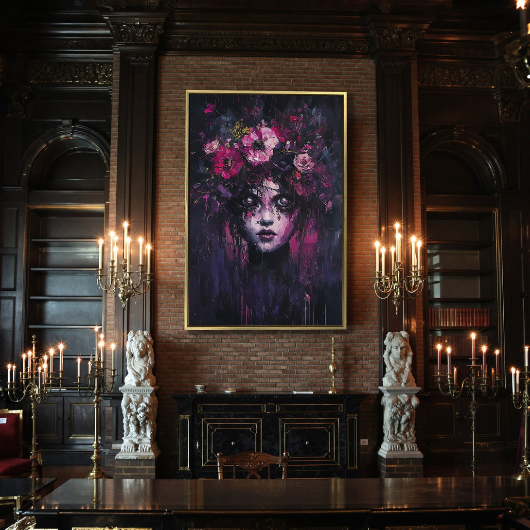 Canvas Print: Abstract portrait with floral crown in moody purple and pink tones. Perfect gothic wall art for your home decor.