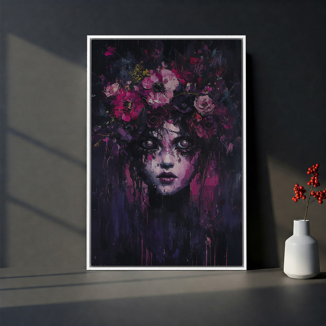 Framed Wall Art: Dark, moody portrait of a woman with floral crown, painted in a dramatic, abstract style. Rich purple, pink, and black color palette. Add a touch of mystery!