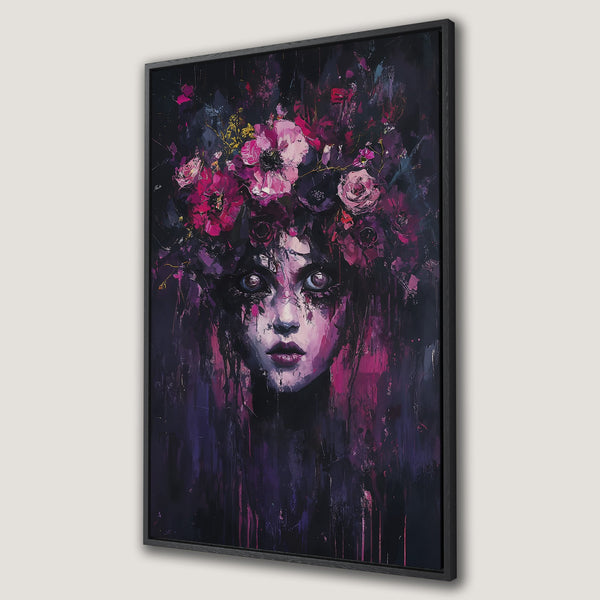 Framed Wall Art featuring a haunting portrait with a floral crown. Dark, moody abstract style in a purple and pink color palette. Add a touch of mystery to your space!