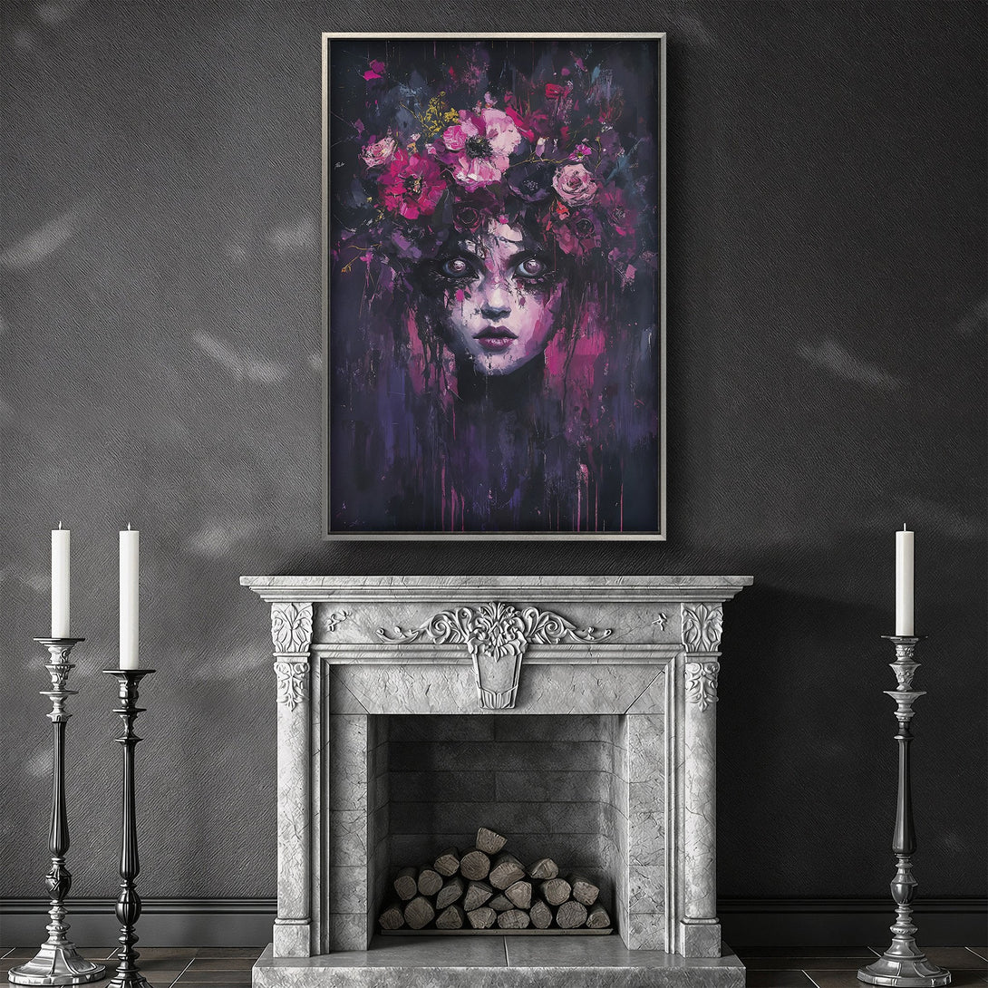 Framed Wall Art featuring a gothic portrait with a floral crown, in a dark, moody color palette of purples and pinks. Perfect for adding a touch of mystery!