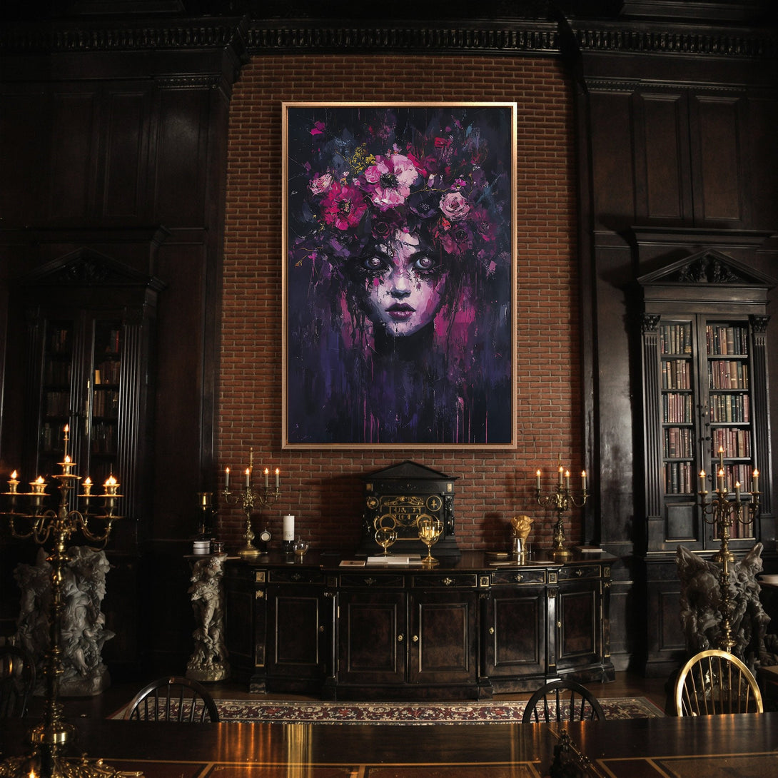 Framed Wall Art featuring a haunting portrait with a floral crown, in a dark, moody interior. Purple and pink color palette. Perfect for gothic decor.