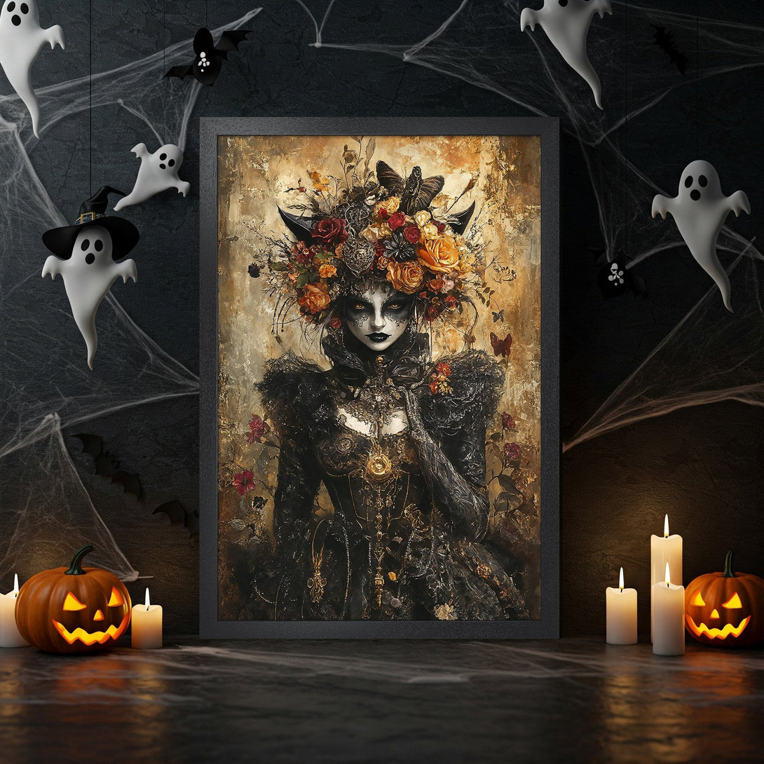 Framed Poster of a gothic woman with floral headdress, dark gold and black color palette, perfect Halloween decor.