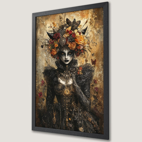 Framed Poster featuring a gothic woman with floral headdress. Dark, moody art with a gold, black, and brown color palette. Perfect wall decor.
