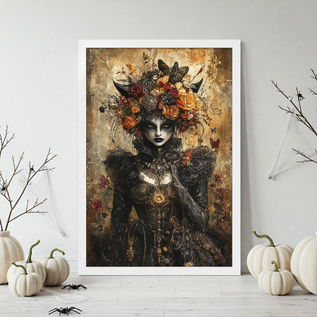 Framed Poster featuring a gothic woman with floral headdress, in a dark, artistic style with gold and black tones. Perfect Halloween decor!