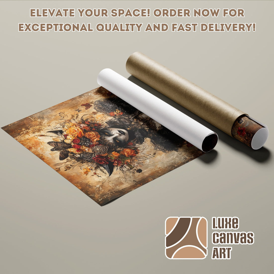 Poster Roll featuring a floral portrait in warm tones. Elevate your space with this stunning art piece!