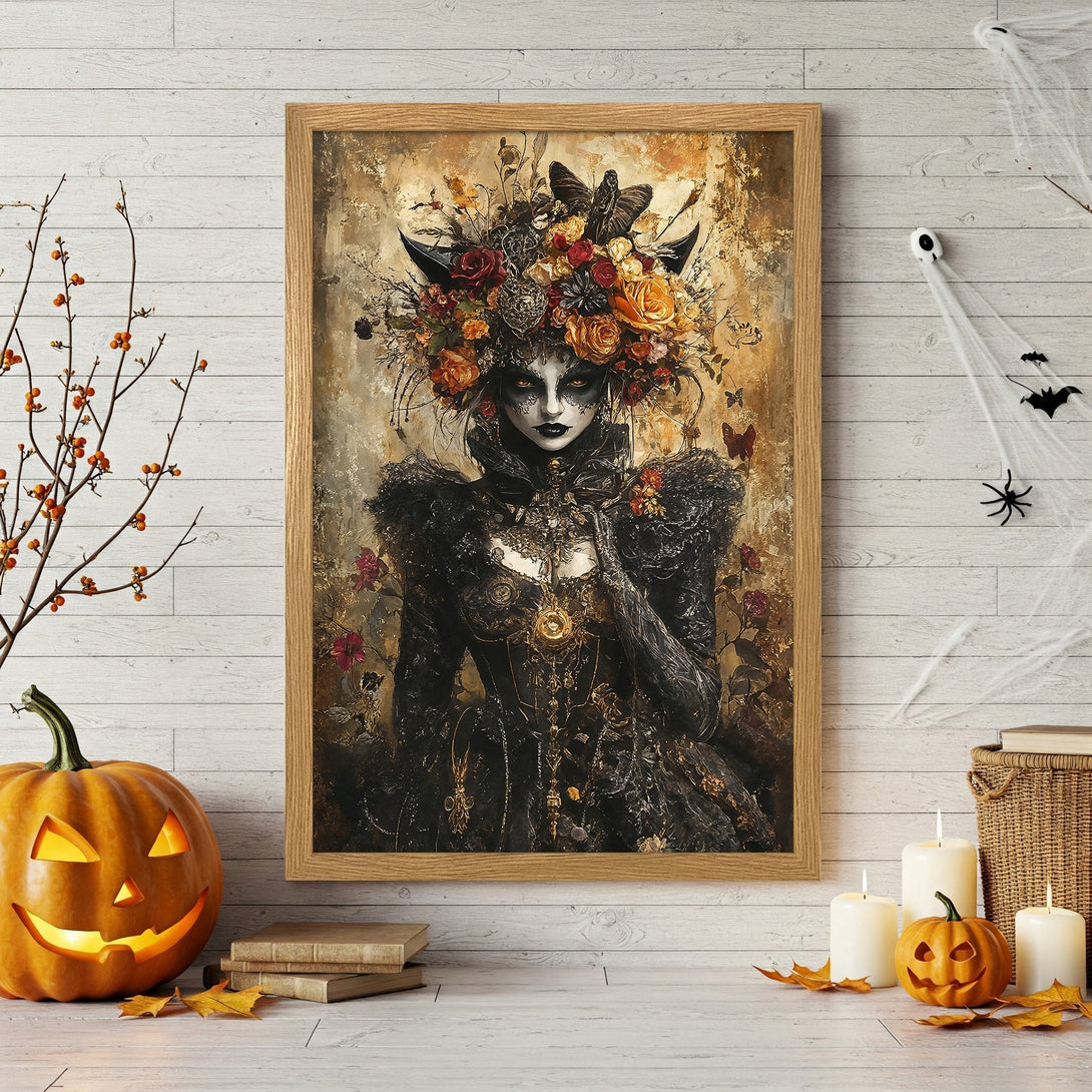 Framed Poster: Gothic woman portrait in dark, warm tones. Perfect Halloween decor!