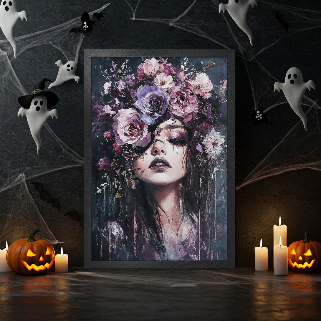 Framed Poster featuring a woman with floral crown, dark & moody style, purple & black color palette, perfect for Halloween decor.