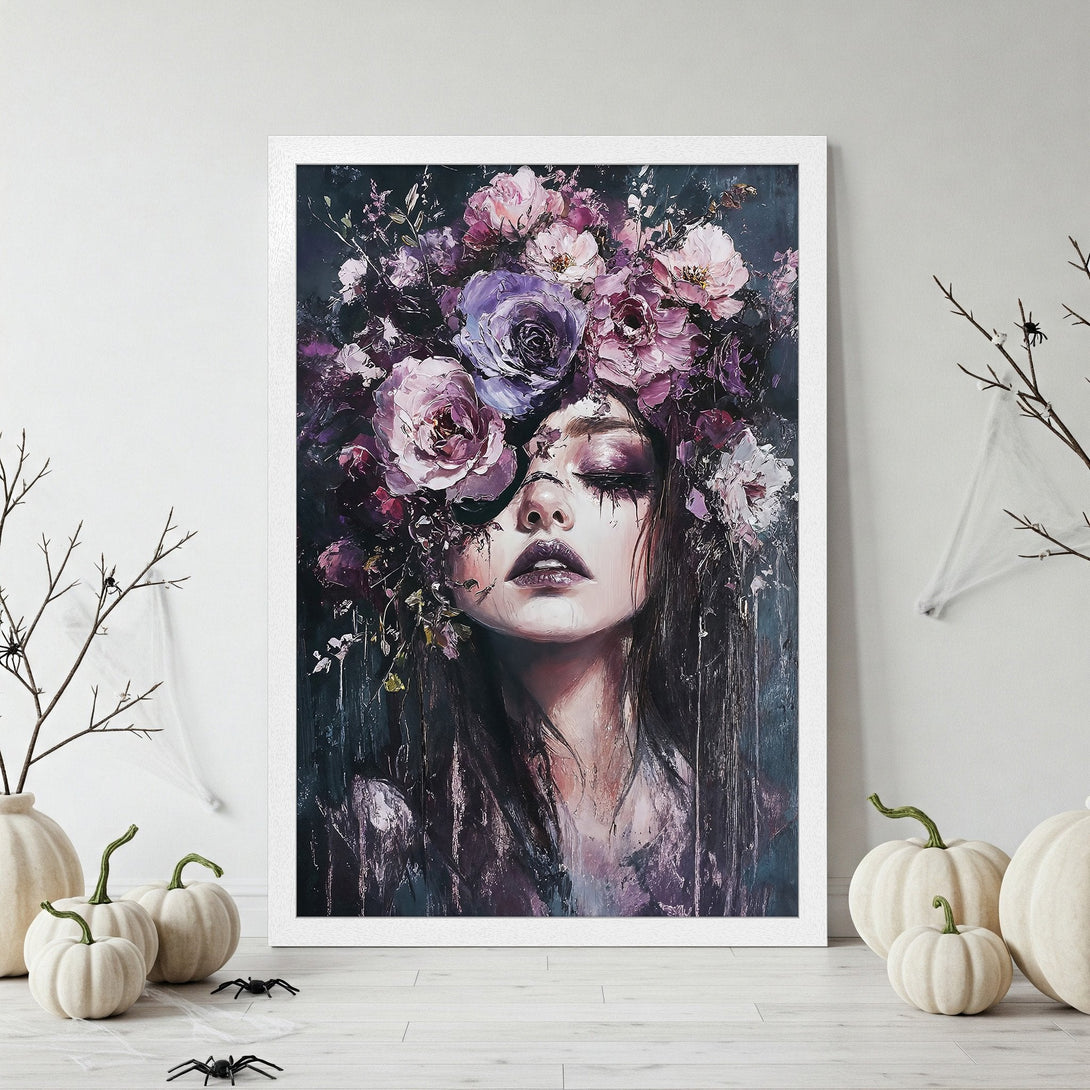 Framed Poster featuring a woman with floral crown, dark, moody style, purple & pink color palette. Perfect wall art!