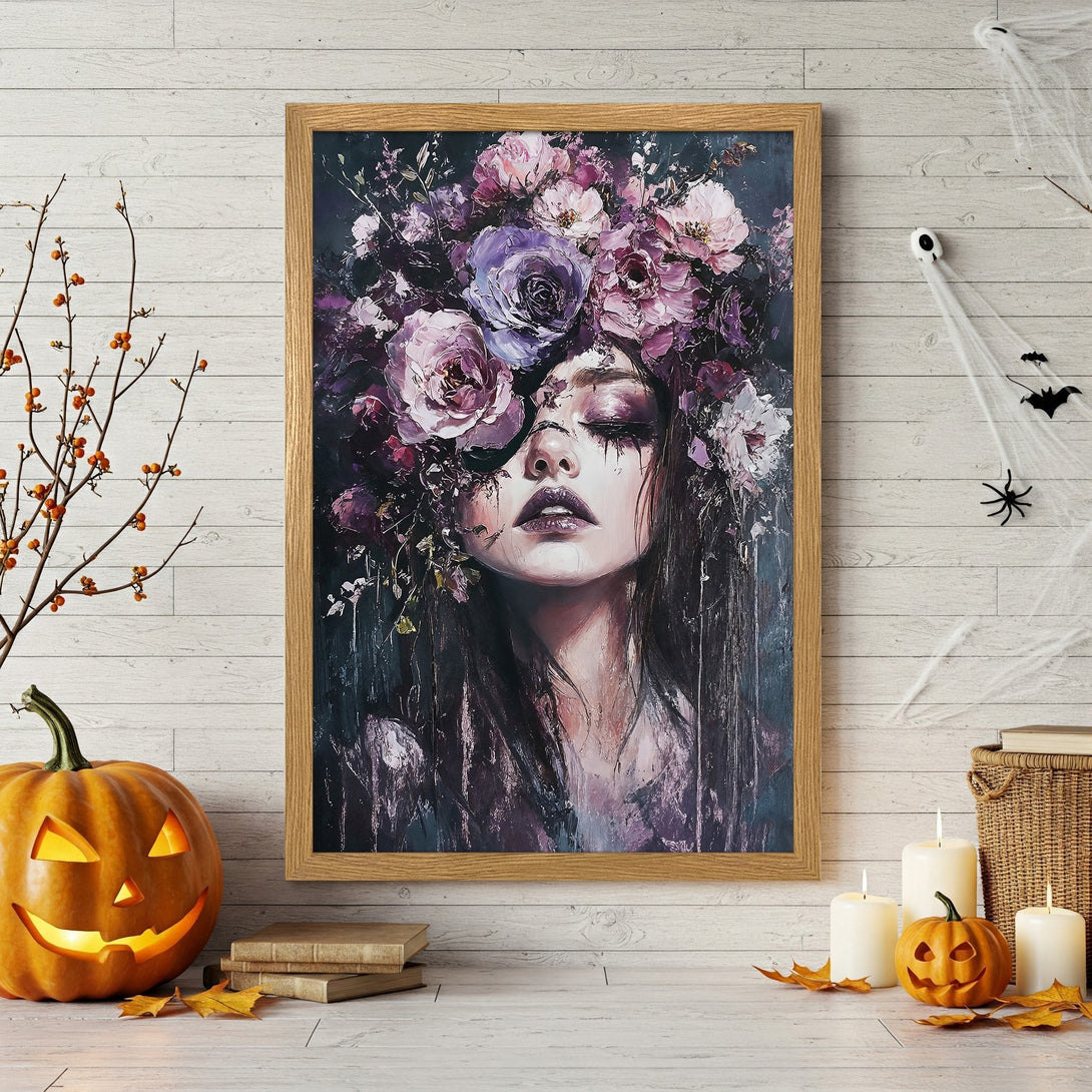Framed Poster featuring a woman with floral crown, dark style, purple and pink color palette, perfect for Halloween decor.