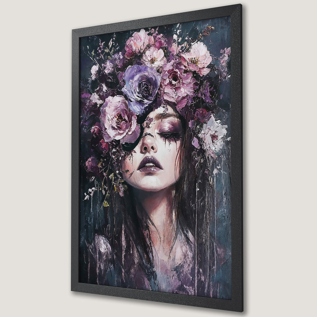 Framed Poster: Woman with floral crown, dark moody art, purple and blue color palette, perfect for wall decor.