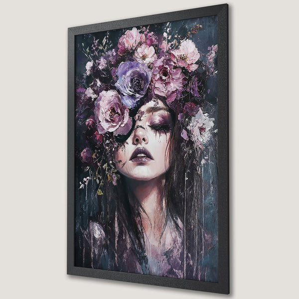 Framed Poster: Woman with floral crown, dark moody art, purple and blue color palette, perfect for wall decor.