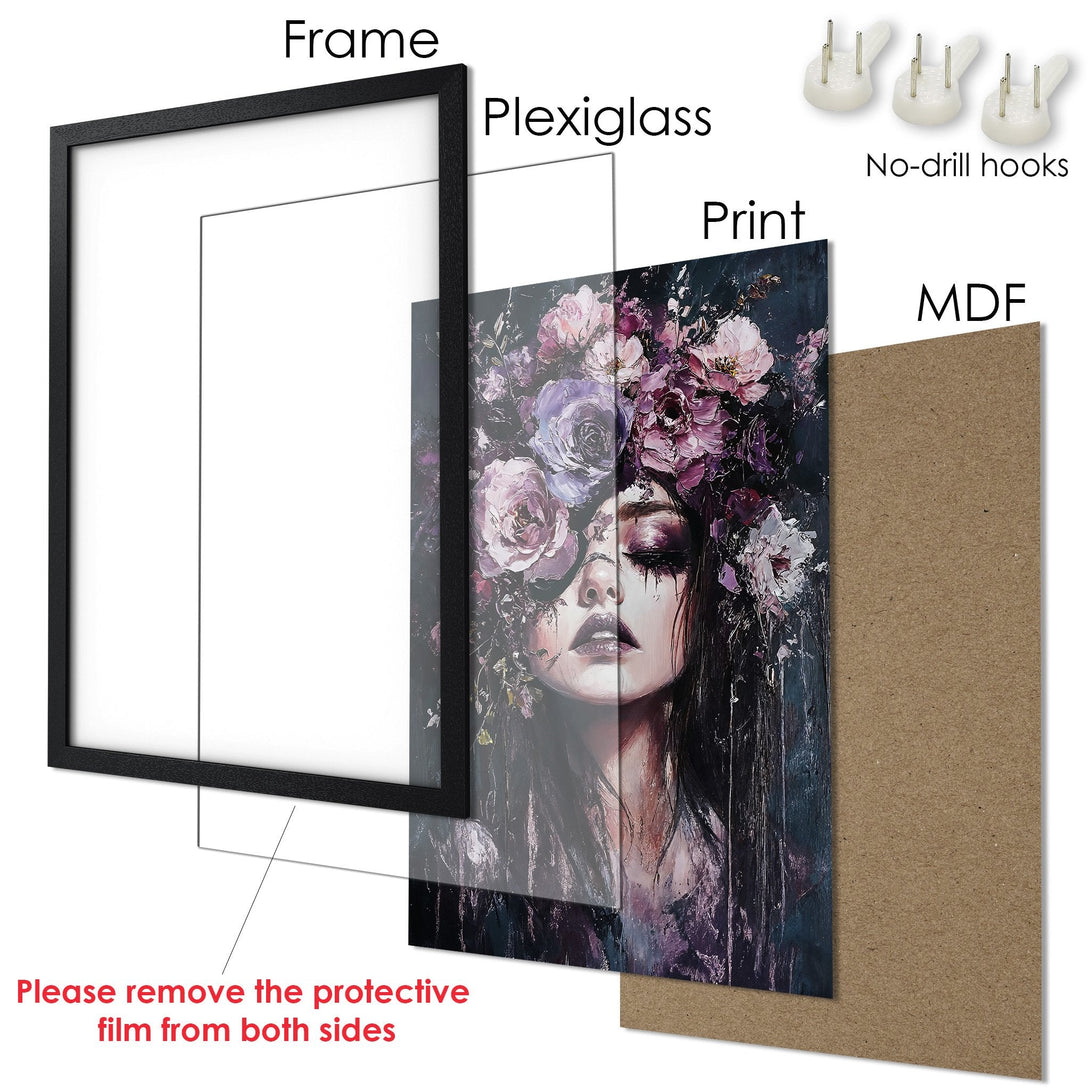 Framed Poster featuring a woman with floral crown, dark & moody art style, purple & black color palette. Perfect wall decor!
