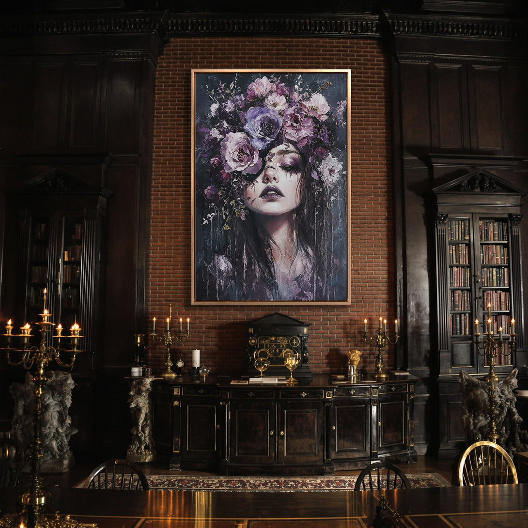 Framed Wall Art: Dark, moody portrait of a woman with floral crown, in a gothic interior. Featuring a purple and dark color palette. Elevate your space!