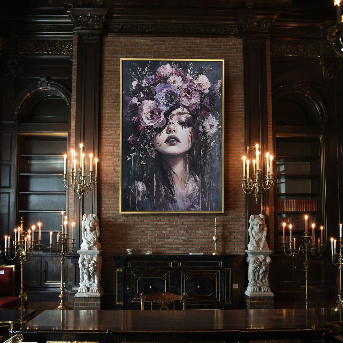 Canvas Print of a woman with floral crown, dark and moody art style, purple and muted tones, perfect for Halloween decor.