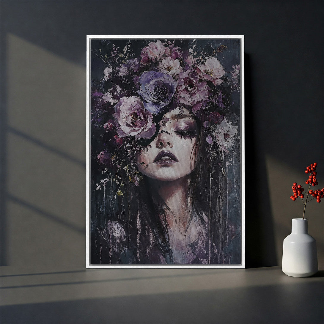 Framed Wall Art: Woman with floral crown, dark & moody style. Purple & black color palette. Perfect for adding a touch of elegance to your space.
