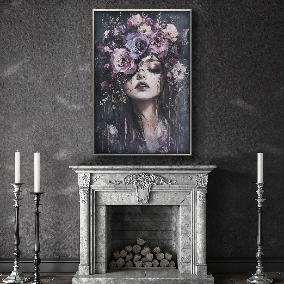 Framed Wall Art featuring a woman with floral headdress, dark moody style, purple and grey color palette, perfect for home decor.