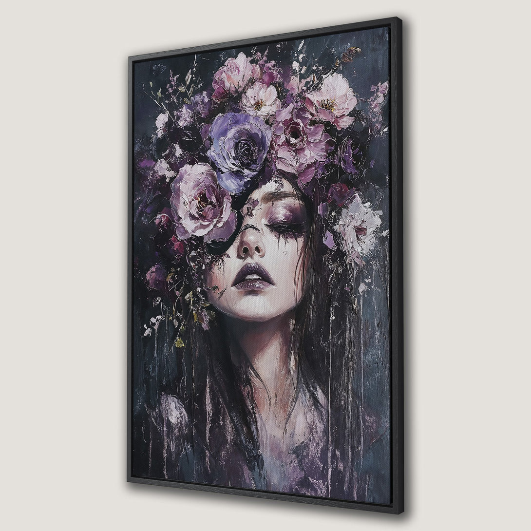 Framed Wall Art: Dark, moody portrait of a woman with a floral crown, painted in a romantic style. Features a purple and gray color palette.