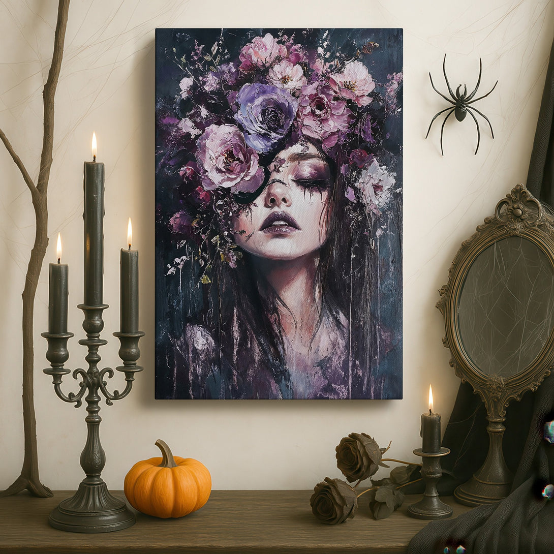 Framed Wall Art: Moody portrait of a woman with floral crown, painted in a dark, romantic style with a purple and pink color palette. Perfect for a statement piece!
