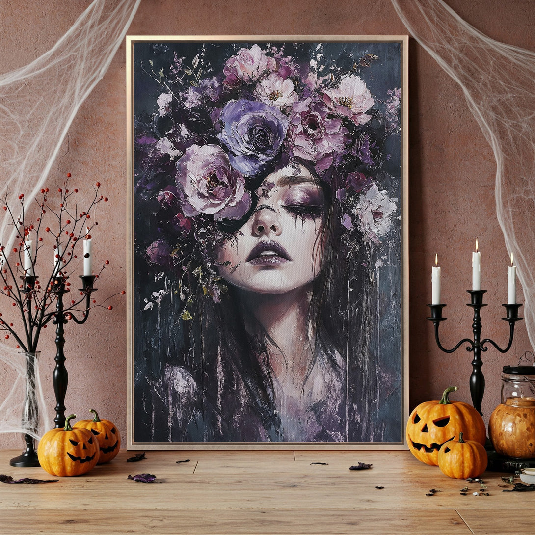 Framed Wall Art: Dark, moody portrait of a woman with floral crown, purple & black color palette. Perfect Halloween decor! Shop now.