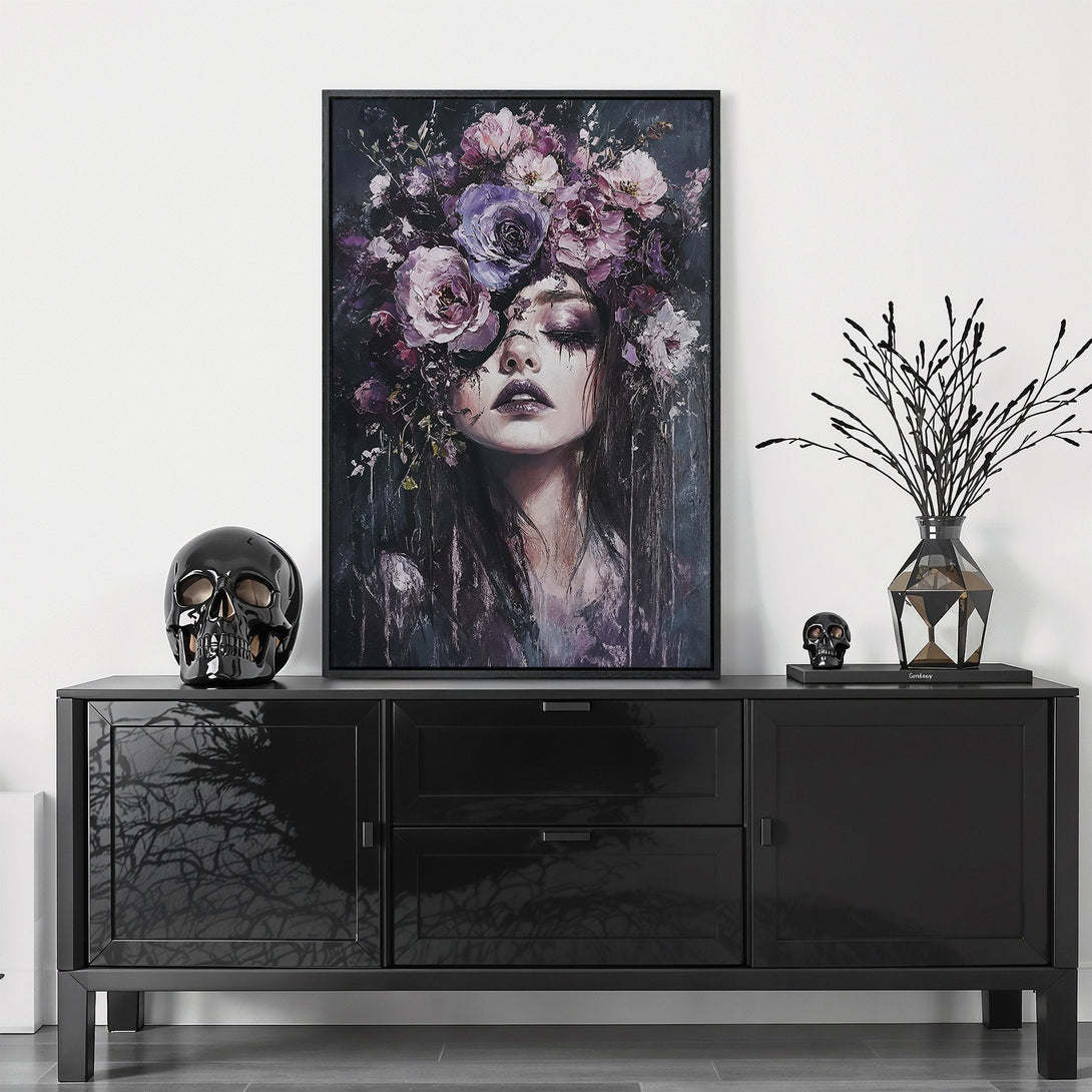 Framed Wall Art featuring a woman with floral crown, dark moody style, purple and mauve color palette. Perfect for gothic home decor.