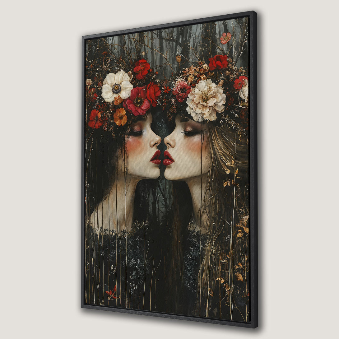 Framed Wall Art featuring two women with floral crowns, dark and moody style, rich red and earthy tones. Perfect for adding a touch of elegance.