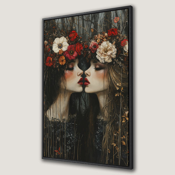 Framed Wall Art featuring two women with floral crowns, dark and moody style, rich red and earthy tones. Perfect for adding a touch of elegance.