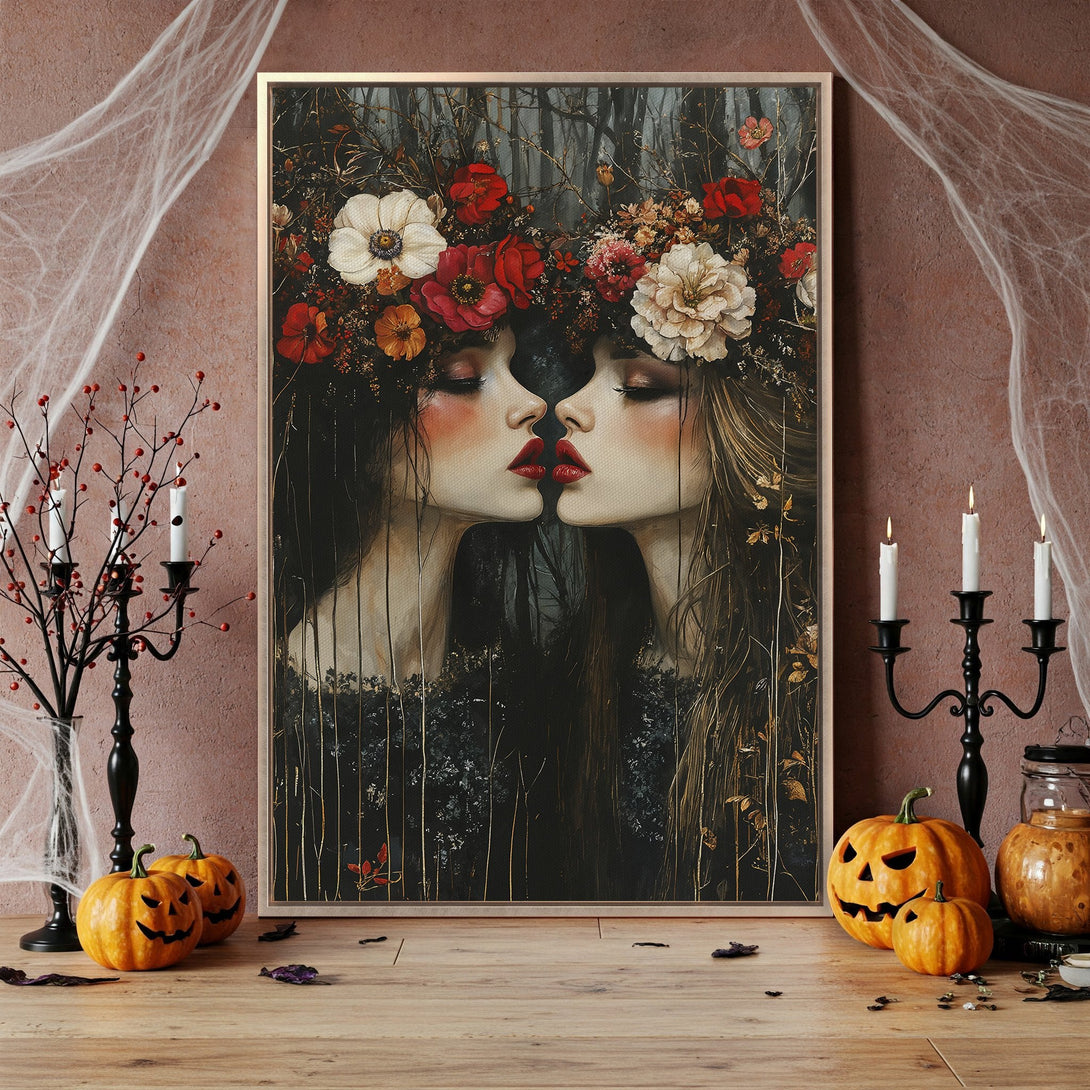 Framed Wall Art featuring a surreal portrait of two women with floral crowns, in a dark, moody color palette. Perfect for Halloween decor!