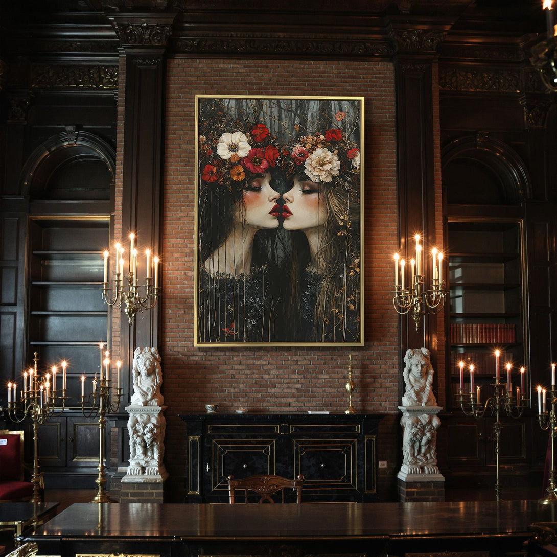 Canvas Print featuring a mystical portrait of two women with floral crowns, dark and moody style, rich red and black color palette.