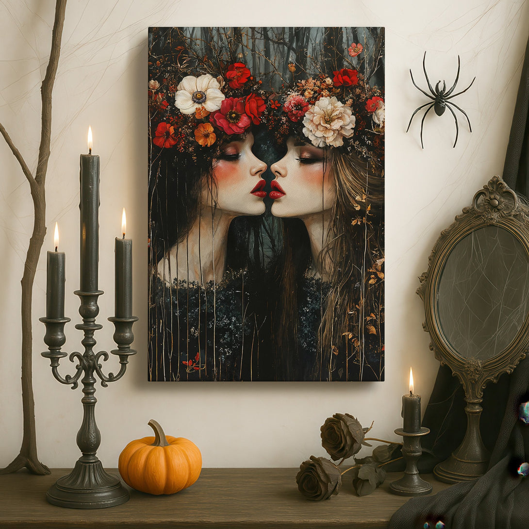 Framed Wall Art featuring a surreal portrait of two women kissing, with a floral crown. Dark, moody palette with red, white, and black accents. Perfect for a statement piece.