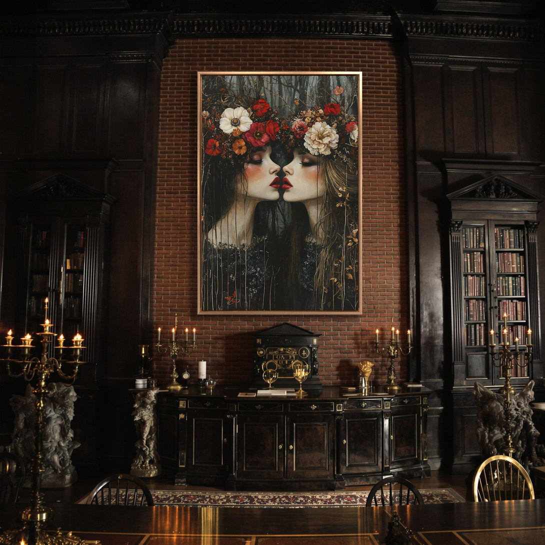 Framed Wall Art: Romantic portrait of two women with floral crowns, dark and moody style, red and neutral color palette. Perfect for gothic decor.
