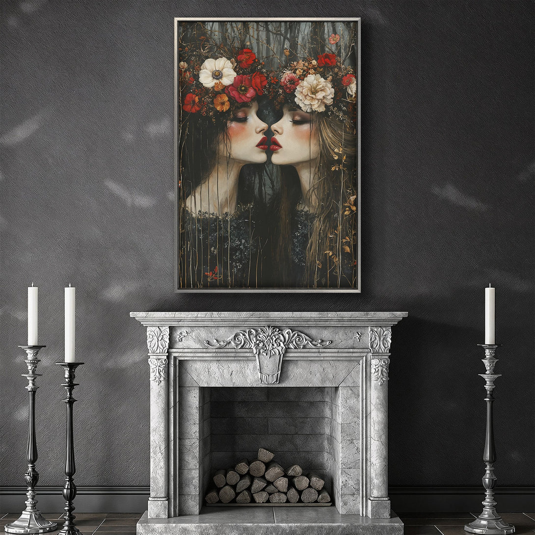 Framed Wall Art: Romantic portrait of two women kissing, wearing flower crowns. Dark, moody color palette with reds, blacks, and neutrals. Perfect for any interior.