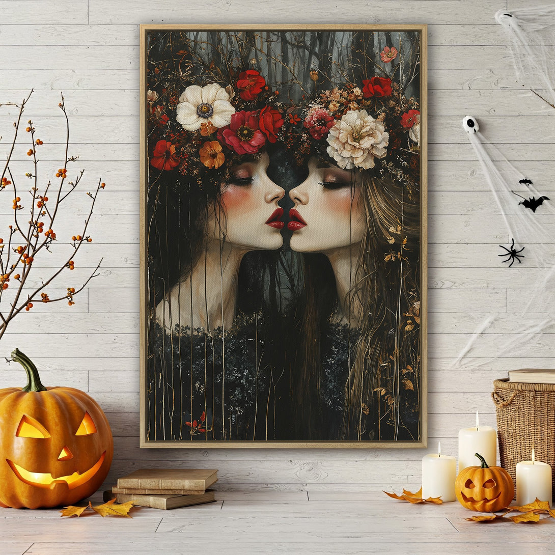 Framed Wall Art: Ethereal portrait of two women with floral crowns, rich red and cream flowers, dark forest background, moody aesthetic. Perfect Halloween decor.