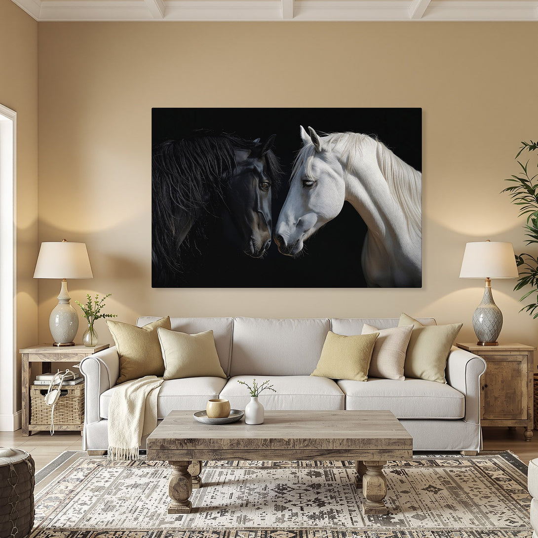 Framed Wall Art: Majestic black and white horses portrait. Stunning equine art in a warm, inviting interior. Perfect for any home decor.