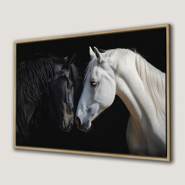 Framed Wall Art: Stunning black and white horse portrait. Elegant canvas print for modern home decor. Minimalist art with a bold, contrasting color palette.
