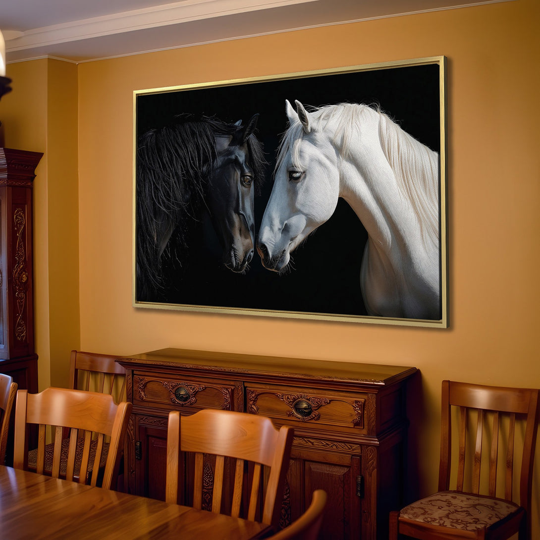 Canvas Print featuring two majestic horses, one black, one white, against a dark backdrop. Modern art with a neutral, earthy color palette. Perfect for any home!