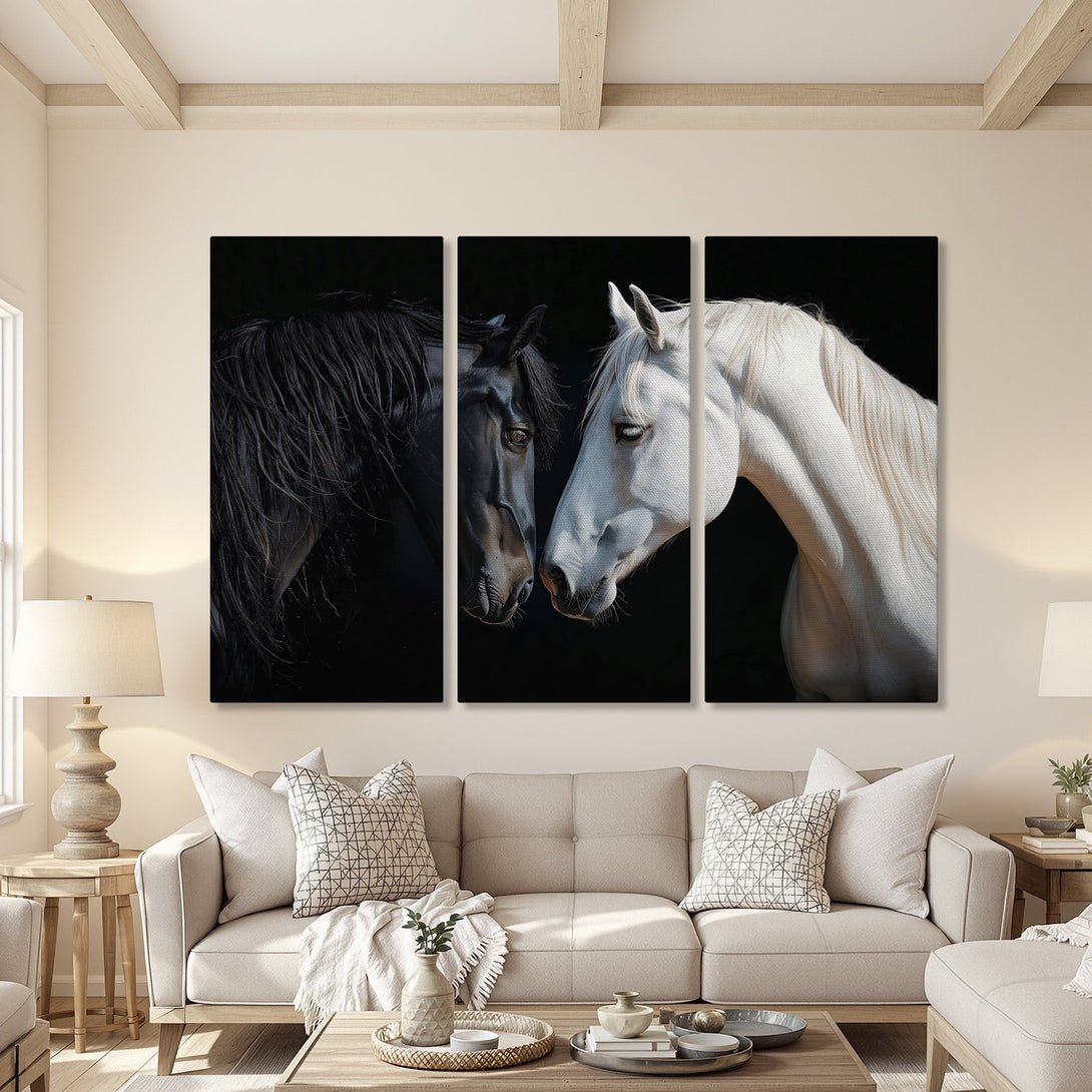 Canvas Print of two horses against a black background. Modern art with a neutral color palette, perfect for living room decor.