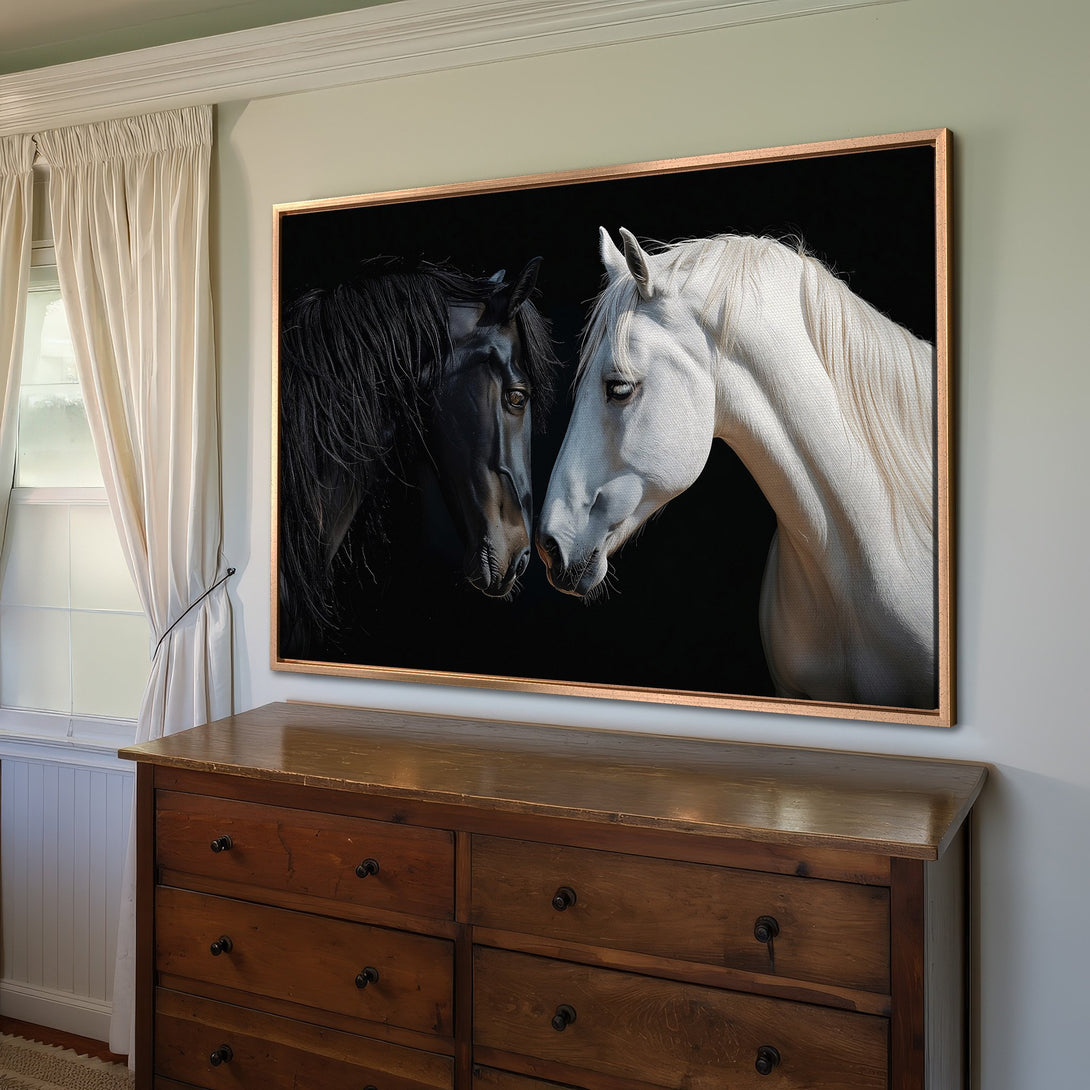 Framed Wall Art: Stunning black and white horse portrait Canvas Print. Elegant equestrian art with a dramatic, high-contrast color palette. Perfect for any space.