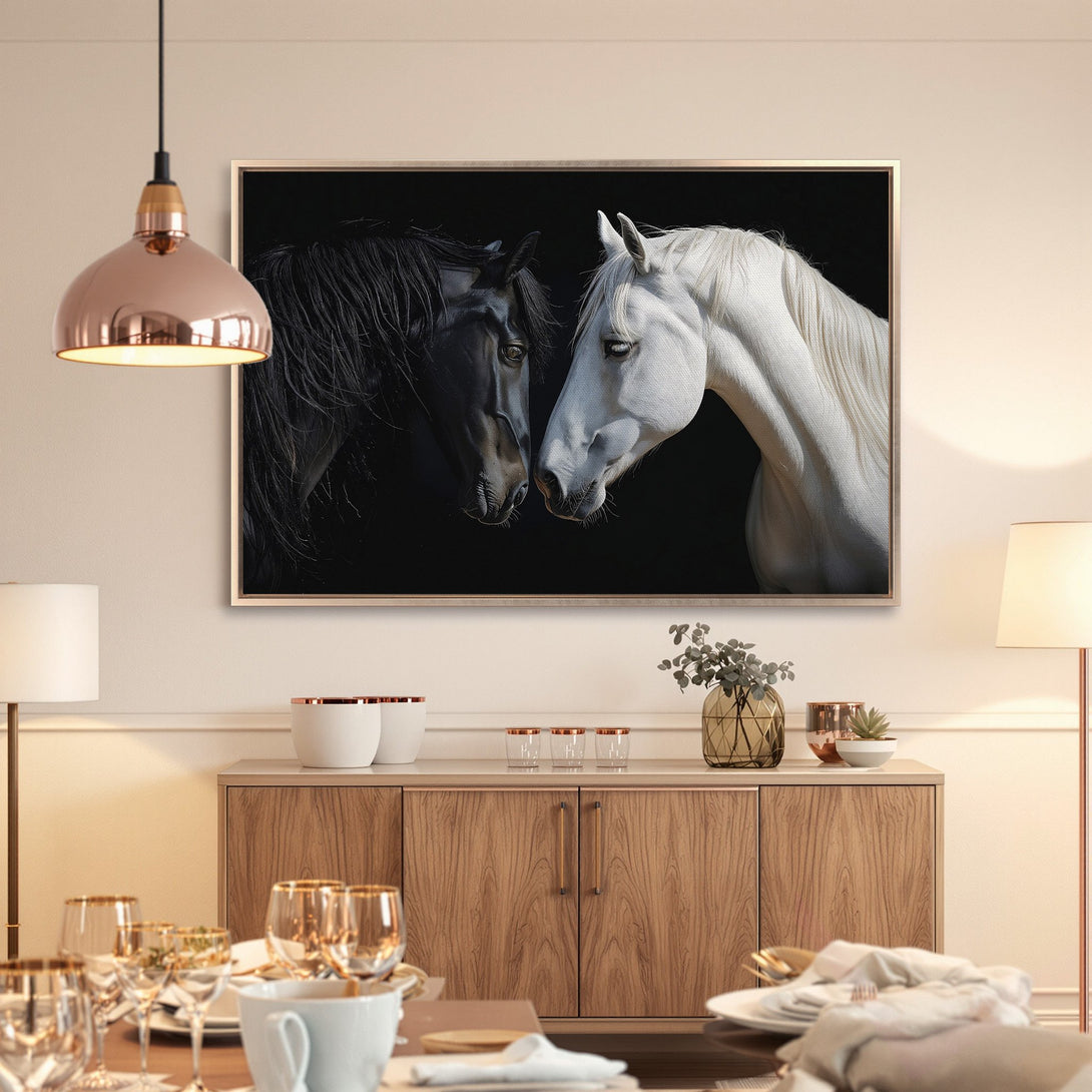 Framed Wall Art: Stunning black and white horse portrait. Elegant, modern style. Neutral color palette complements any decor. Elevate your space!
