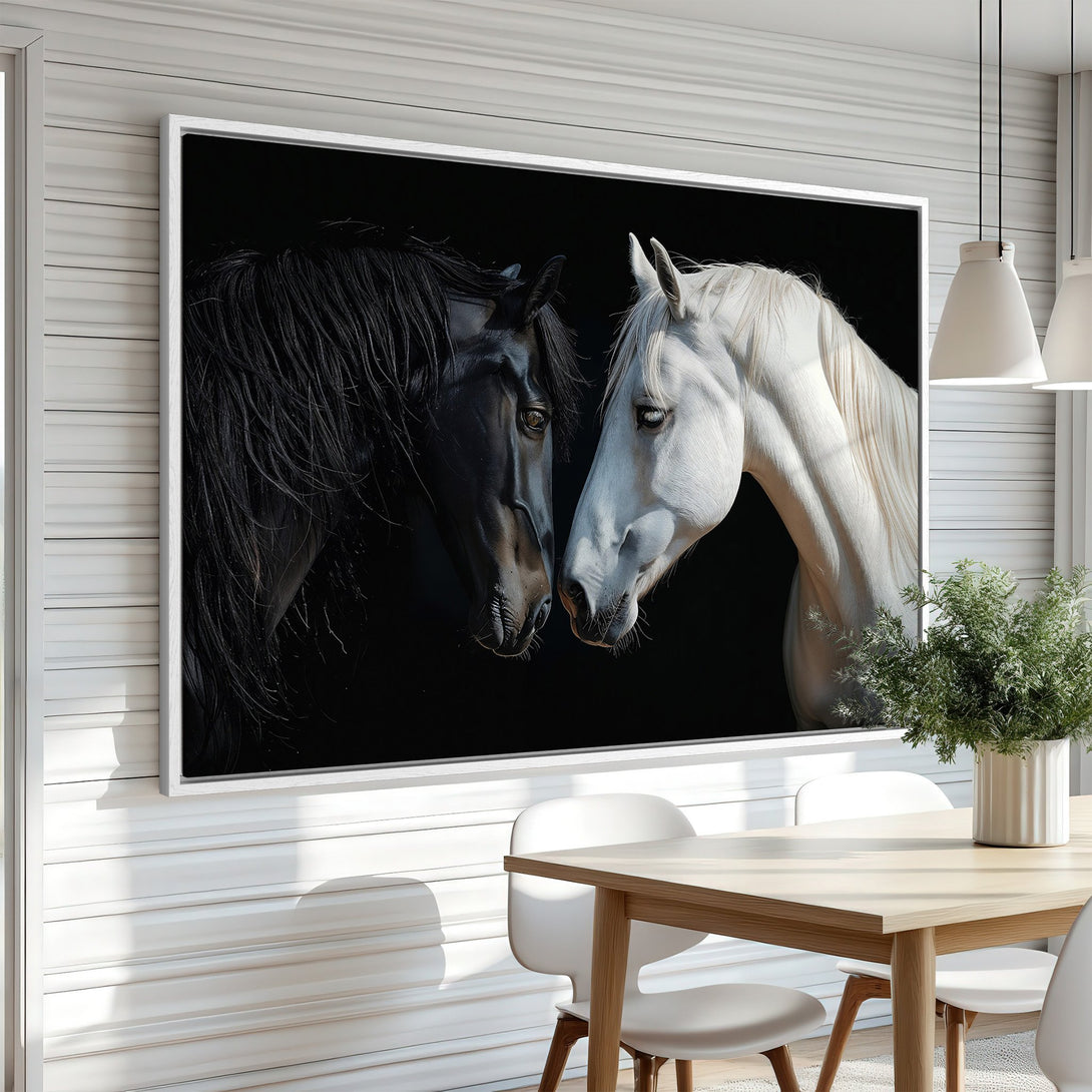 Framed Wall Art featuring two horses, one black and one white, against a dark background. Modern, elegant style with a monochrome color palette. Perfect for any room!