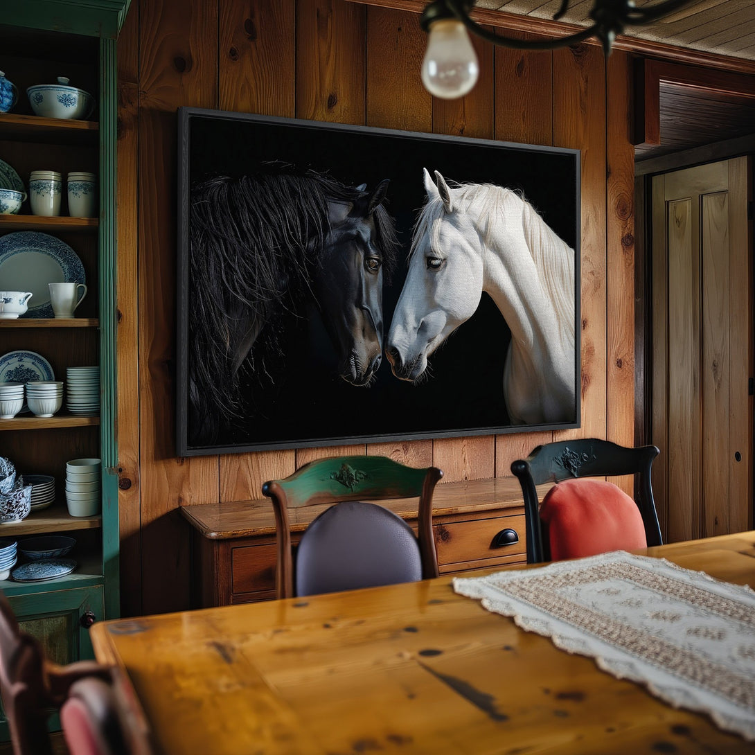 Framed Wall Art: Majestic black & white horse portrait canvas print. Dramatic style, neutral palette with wood tones. Perfect for rustic decor.