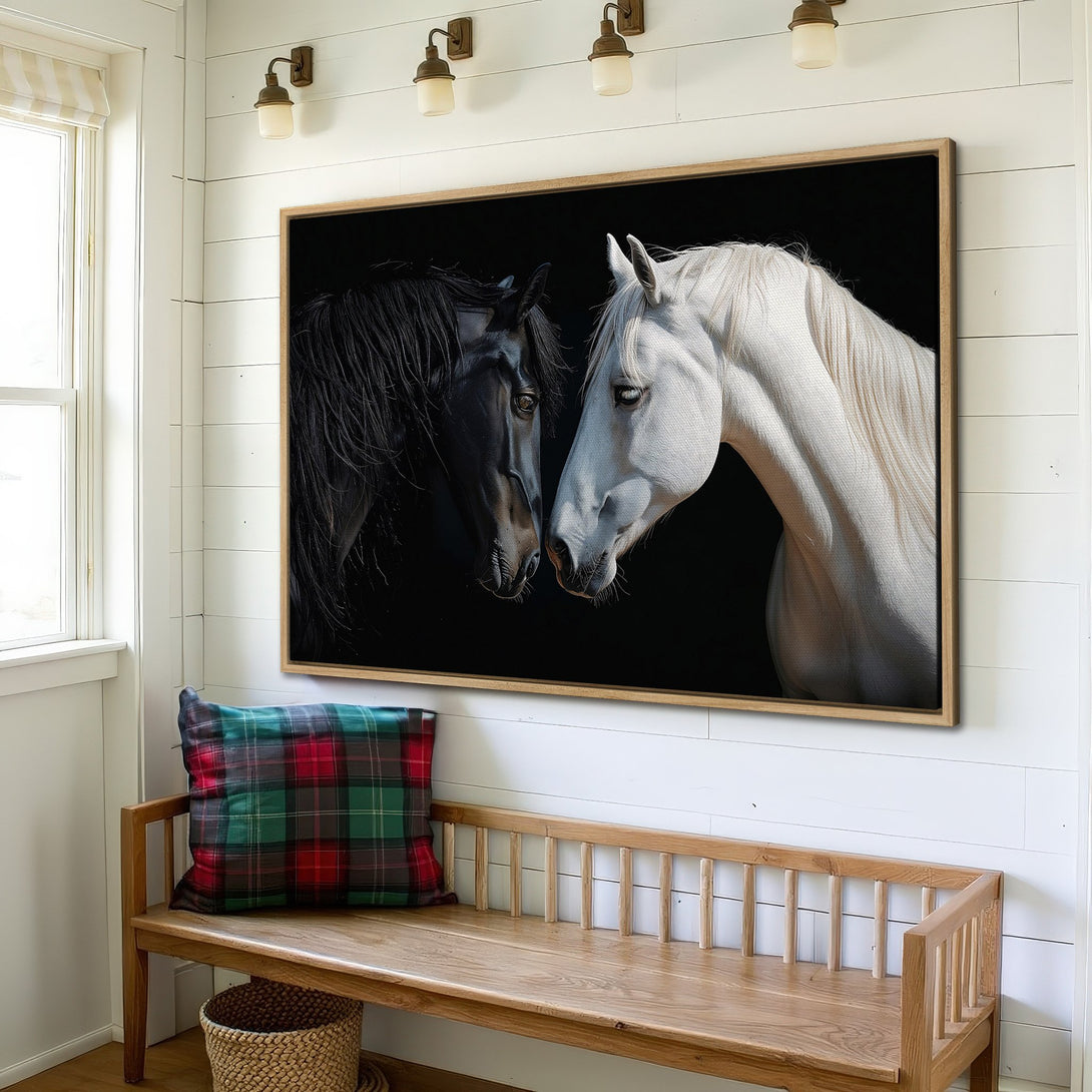 Framed Wall Art: Stunning black and white horse portrait canvas print. Modern farmhouse style with a dramatic, high-contrast color palette.