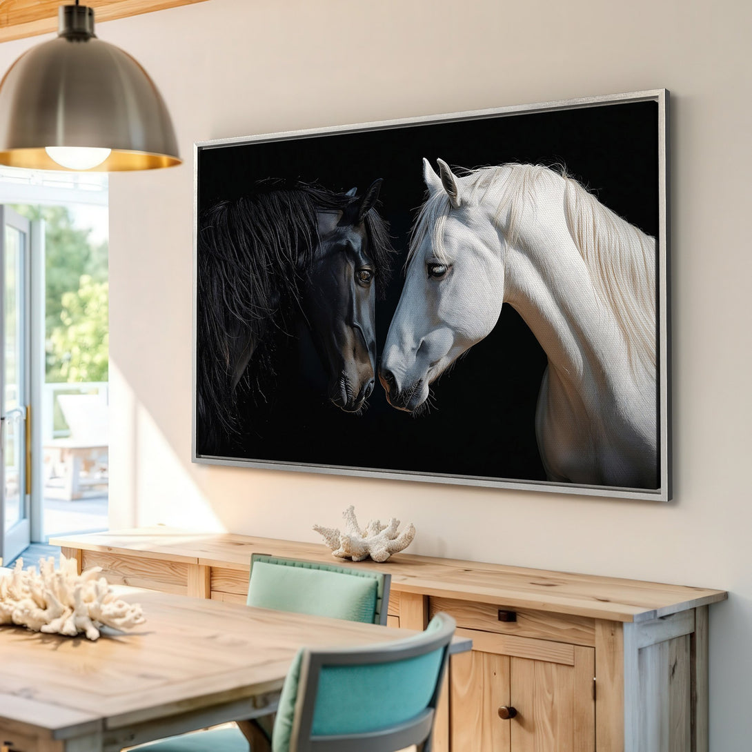 Framed Wall Art: Stunning black and white horse portrait canvas print. Elegant equine art with a dramatic, high-contrast color palette. Perfect for any room!