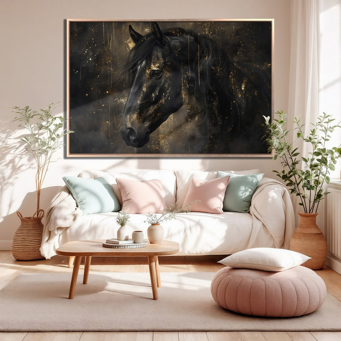 Framed Wall Art: Stunning black horse portrait with gold accents. Modern art in a warm, neutral-toned living room. Elevate your space with this elegant decor.