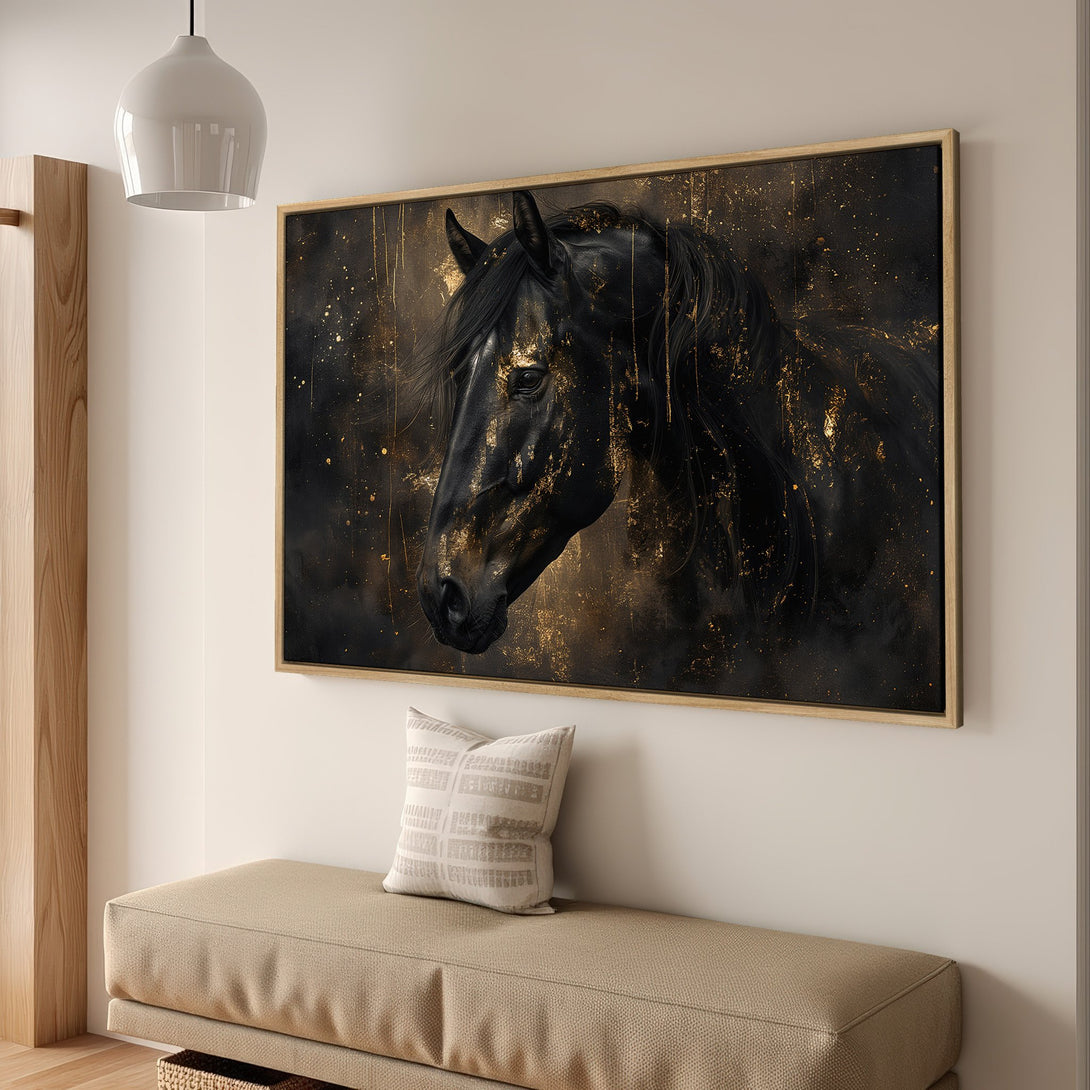 Framed Wall Art: Elegant black horse portrait with gold accents. Modern art canvas print in a neutral interior. Perfect for home decor.