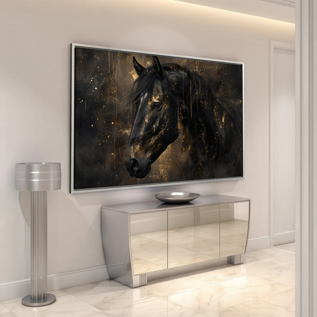 Framed Wall Art of a black horse with gold accents, displayed in a modern interior. Dramatic, elegant Canvas Print with a black and gold color palette.