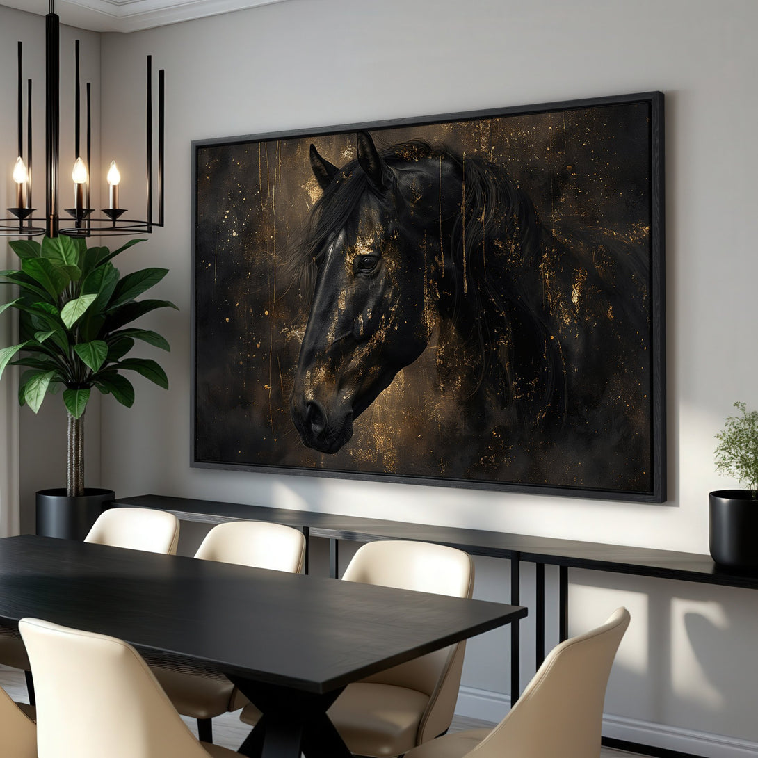 Framed Wall Art: Stunning black horse portrait with gold accents. Modern, elegant canvas print in a luxurious black and gold color palette, perfect for any decor.