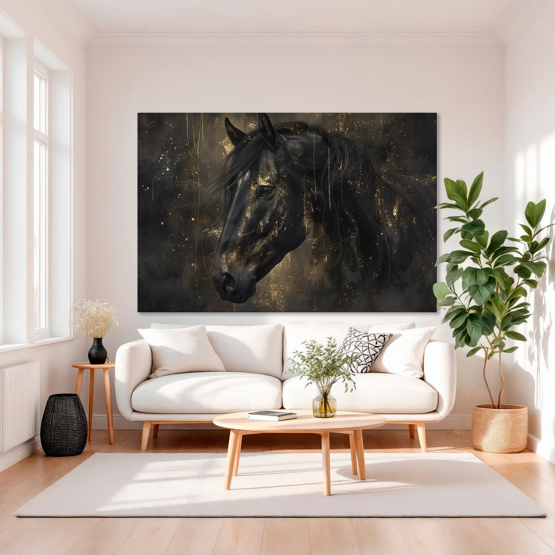 Framed Wall Art: Elegant black horse portrait with gold accents. Luxurious canvas print in a sophisticated black and gold color palette. Perfect for home decor.