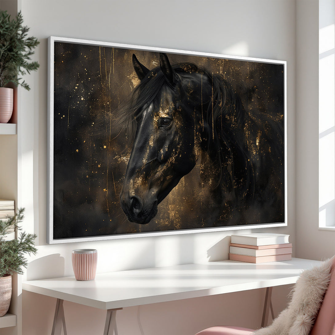 Framed Wall Art: Stunning black horse portrait with gold accents. Modern, elegant canvas print in a luxurious black and gold color palette.
