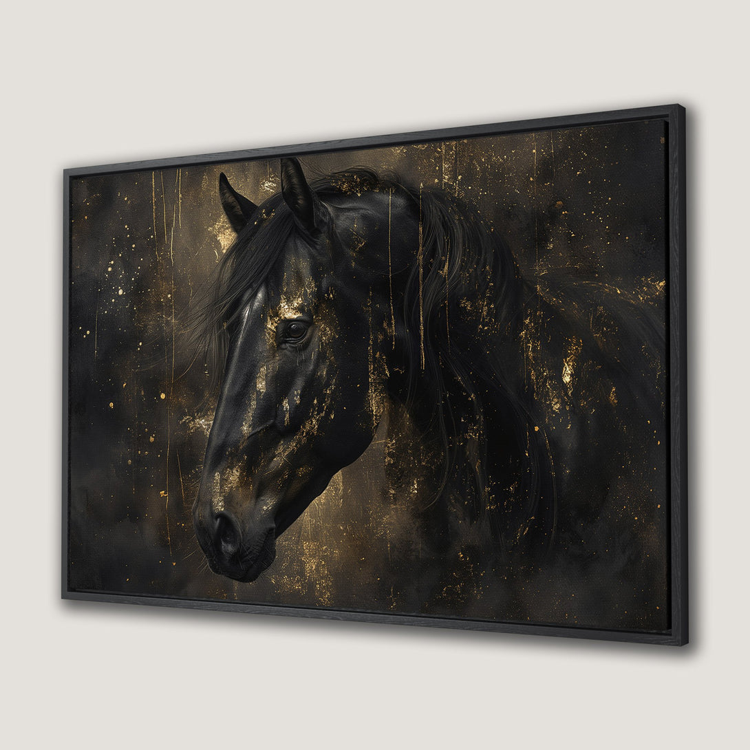Framed Wall Art: Majestic black horse portrait with gold accents. Elegant, modern style with a dramatic black and gold color palette. Elevate your space!